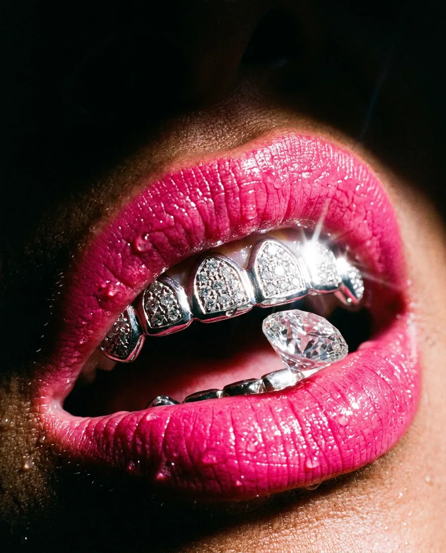 A smile of grillz between hot pink lips