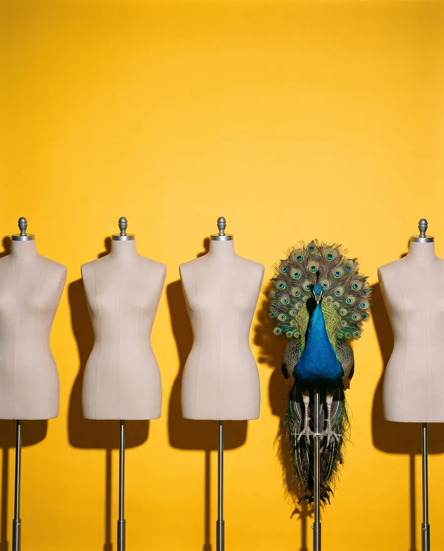 A row of mannequins and one peacock standing among them