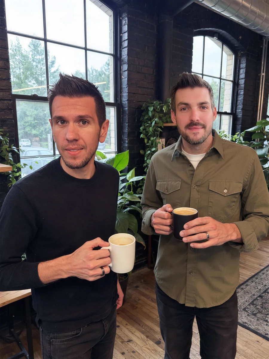 Steve and Nolan with coffee by the studio windows