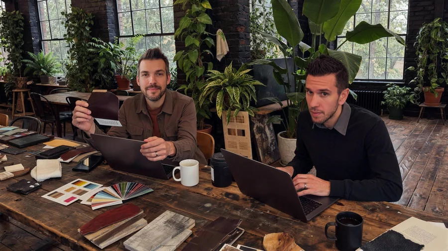 Steve and Nolan at their laptops, with leather and fabric samples on the table