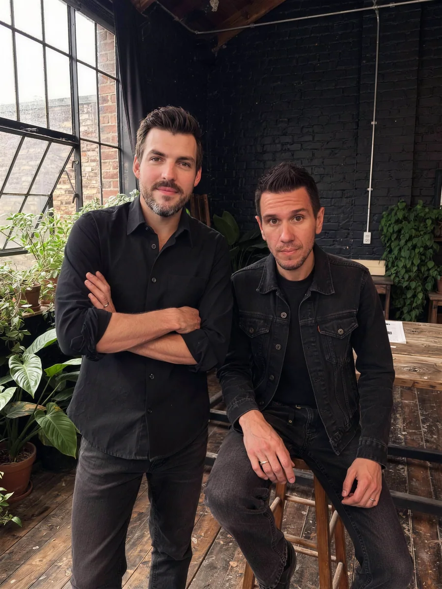 Steve and Nolan in their studio: black brick, tall windows and plants