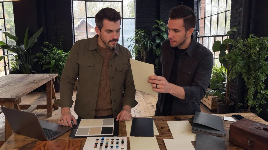 Steve and Nolan choosing paper and swatches at the table