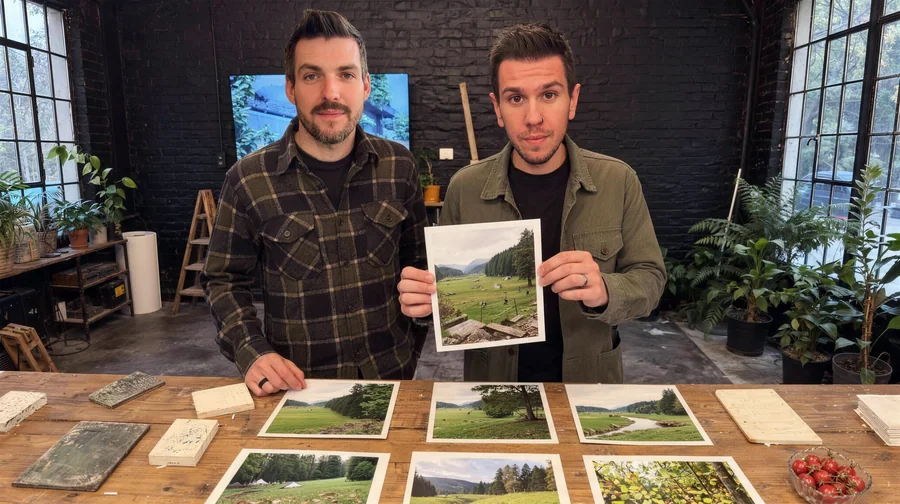 Steve and Nolan at the work table, holding up a print of a green valley