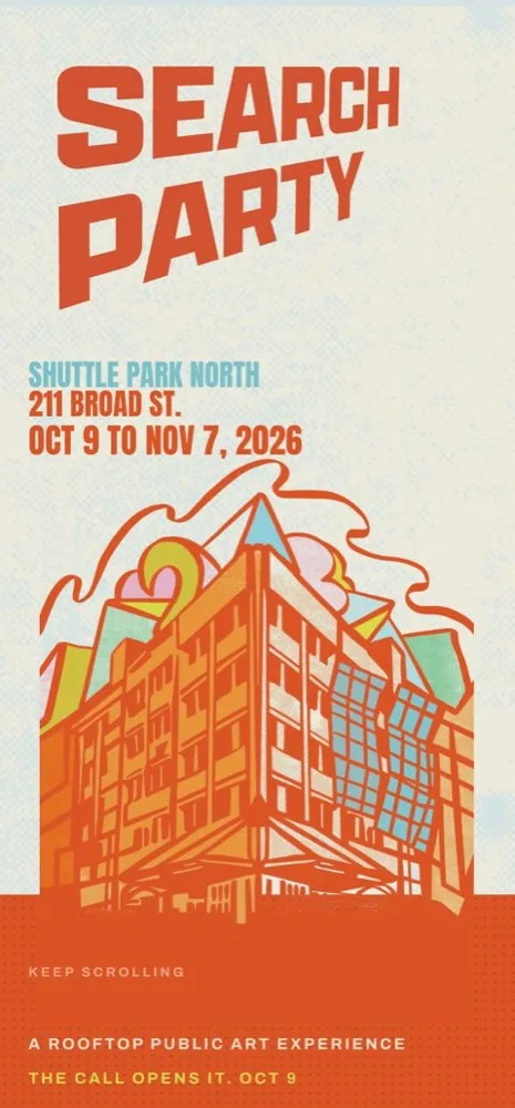 The live Search Party website: the poster art of the building, on a phone