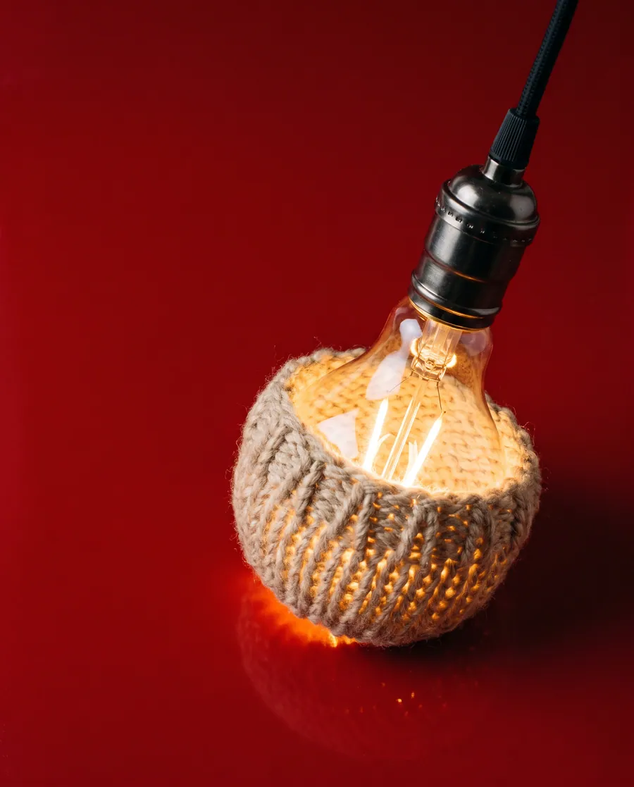 A lightbulb wrapped in rope, glowing dim on a red field