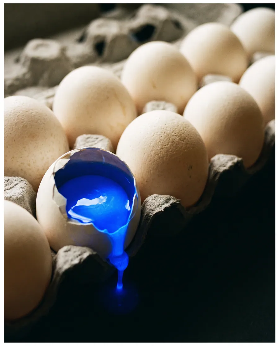 A carton of white eggs with one cracked open, glowing blue