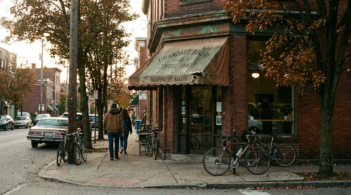 Corner storefront in Lawrenceville at golden hour