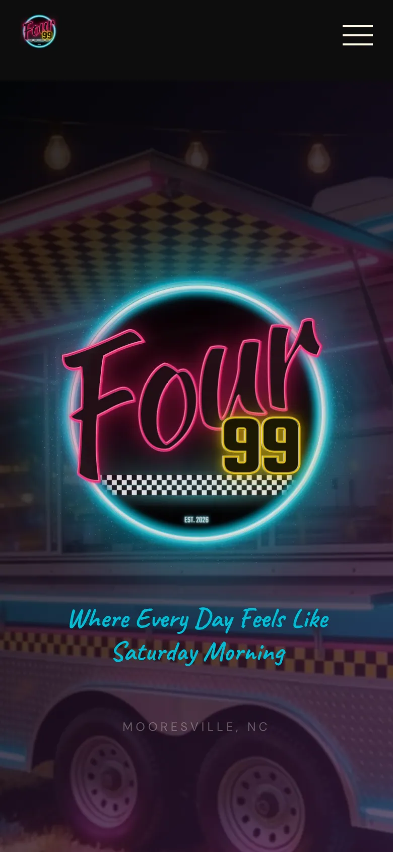 The live Four-99 page on a phone: their neon badge over the truck