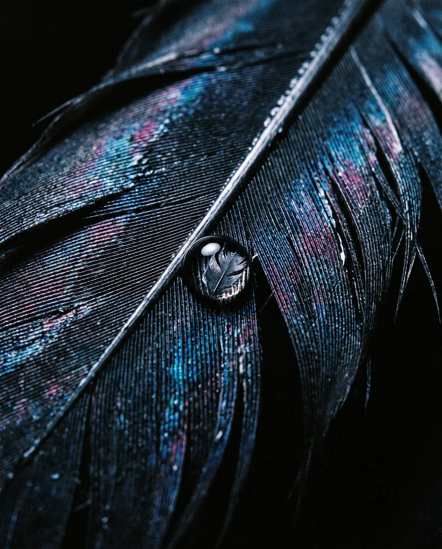 A dark feather with a single drop of water on it