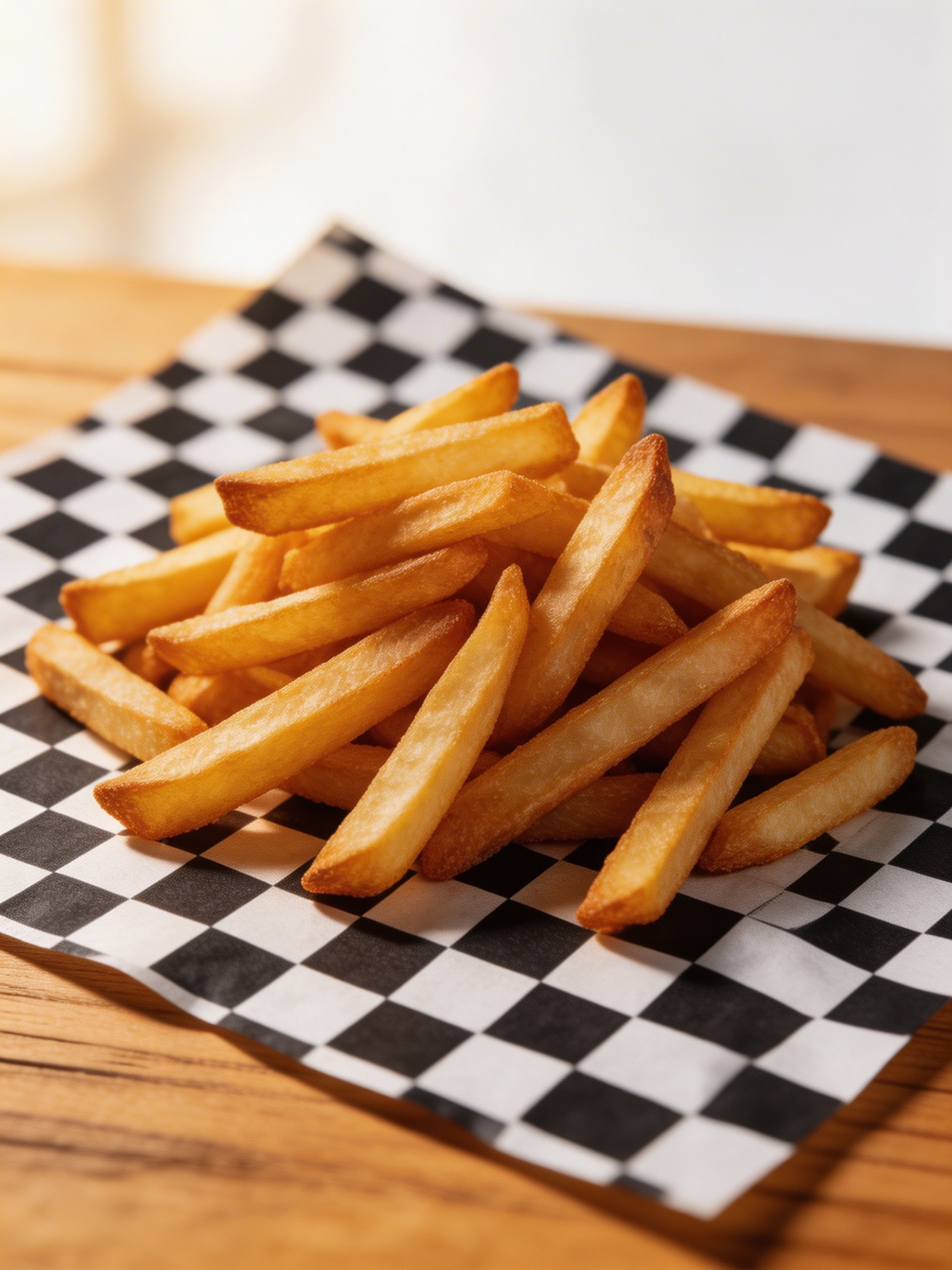 Hand-cut fries on checkered paper over a wood board