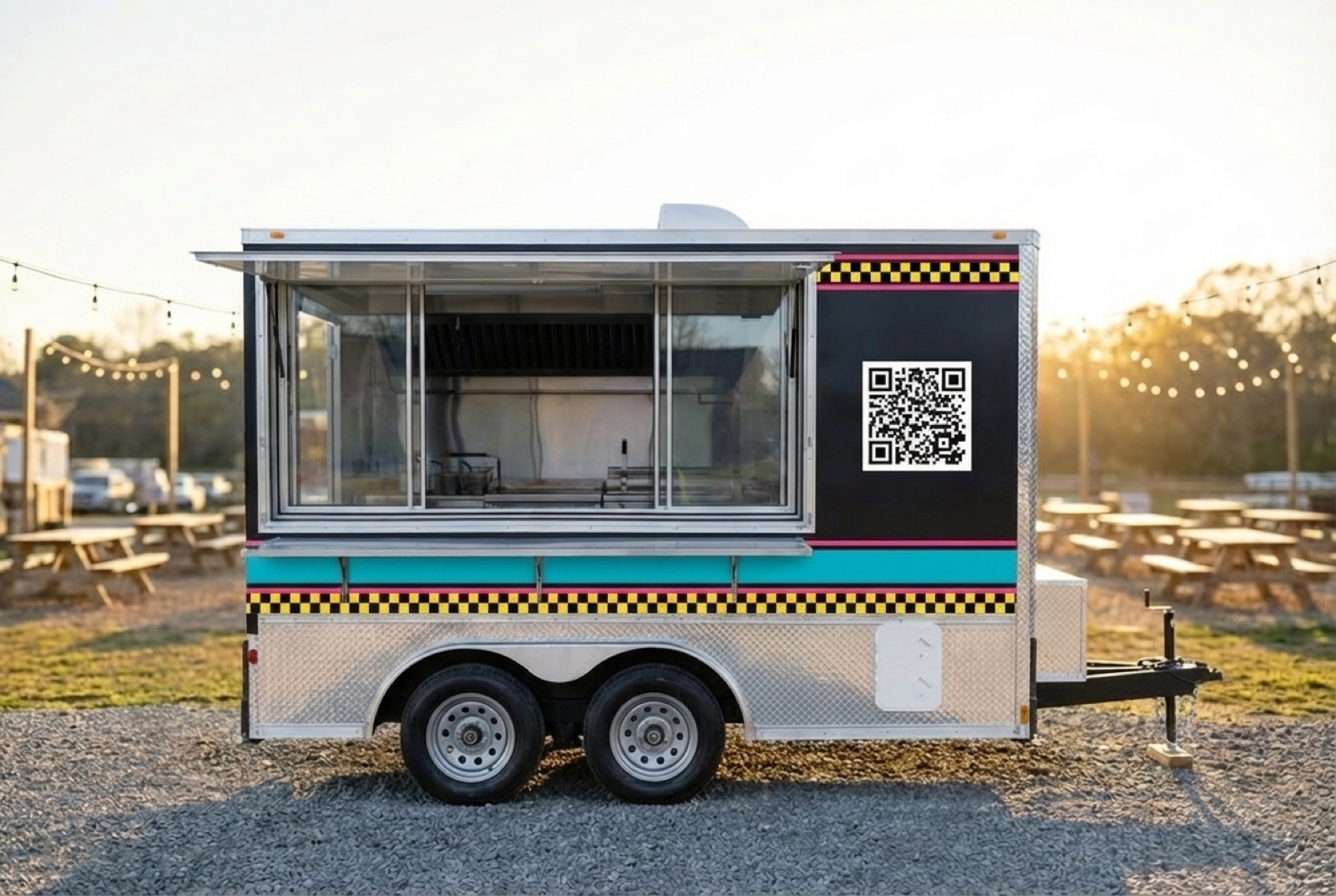 The Four 99 food truck parked at golden hour with its serving window open and order screen lit
