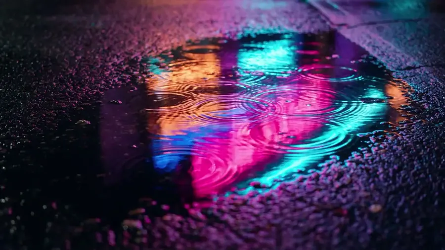 A rain puddle at night reflecting neon in magenta, blue, violet and amber