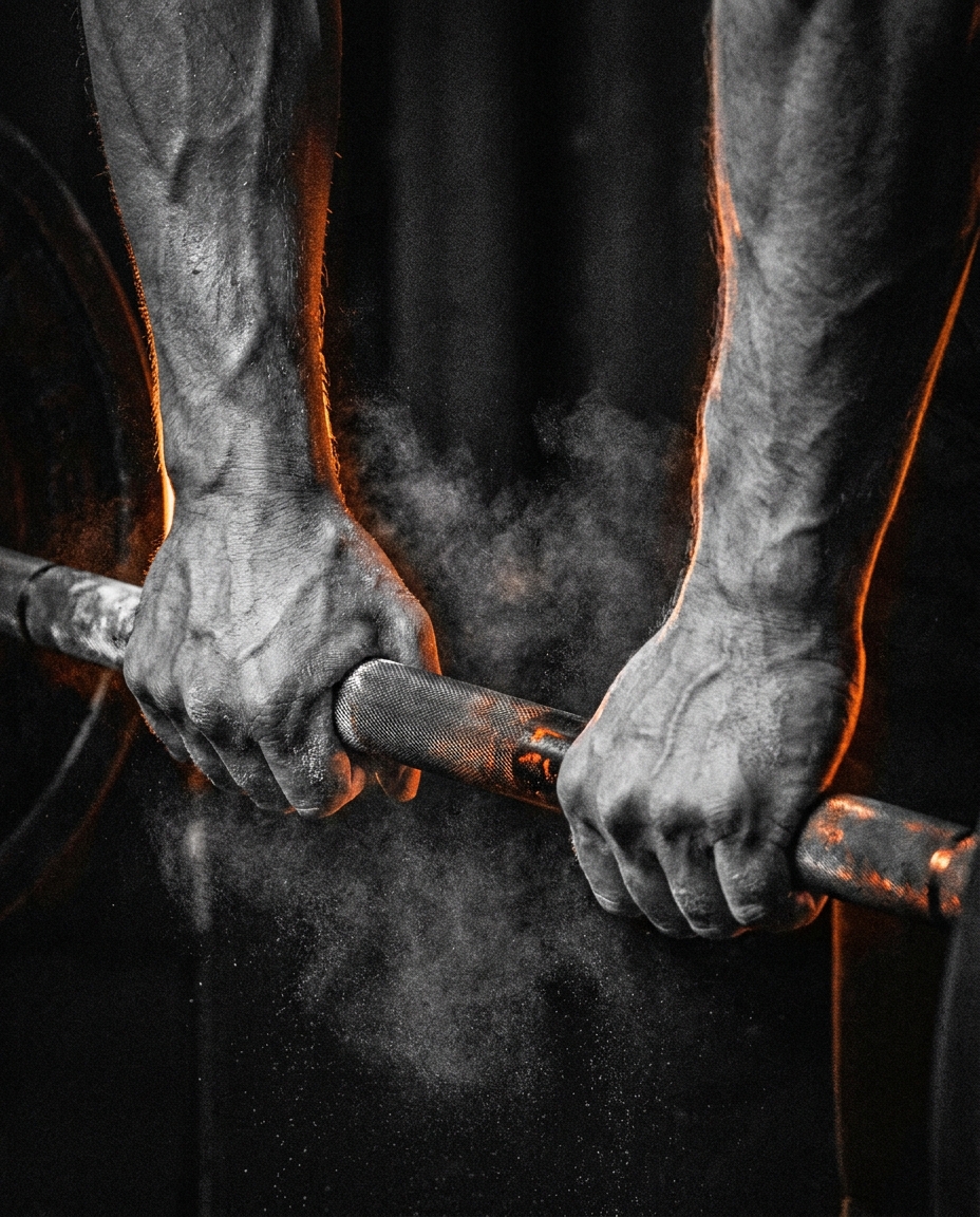 Chalked hands gripping a loaded barbell