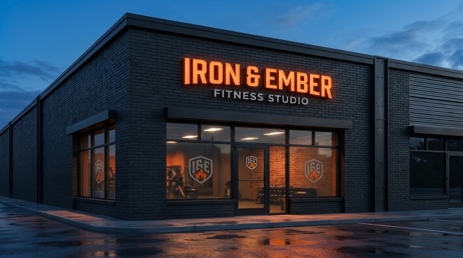 Iron and Ember Fitness Studio storefront at dusk with glowing orange channel-letter sign