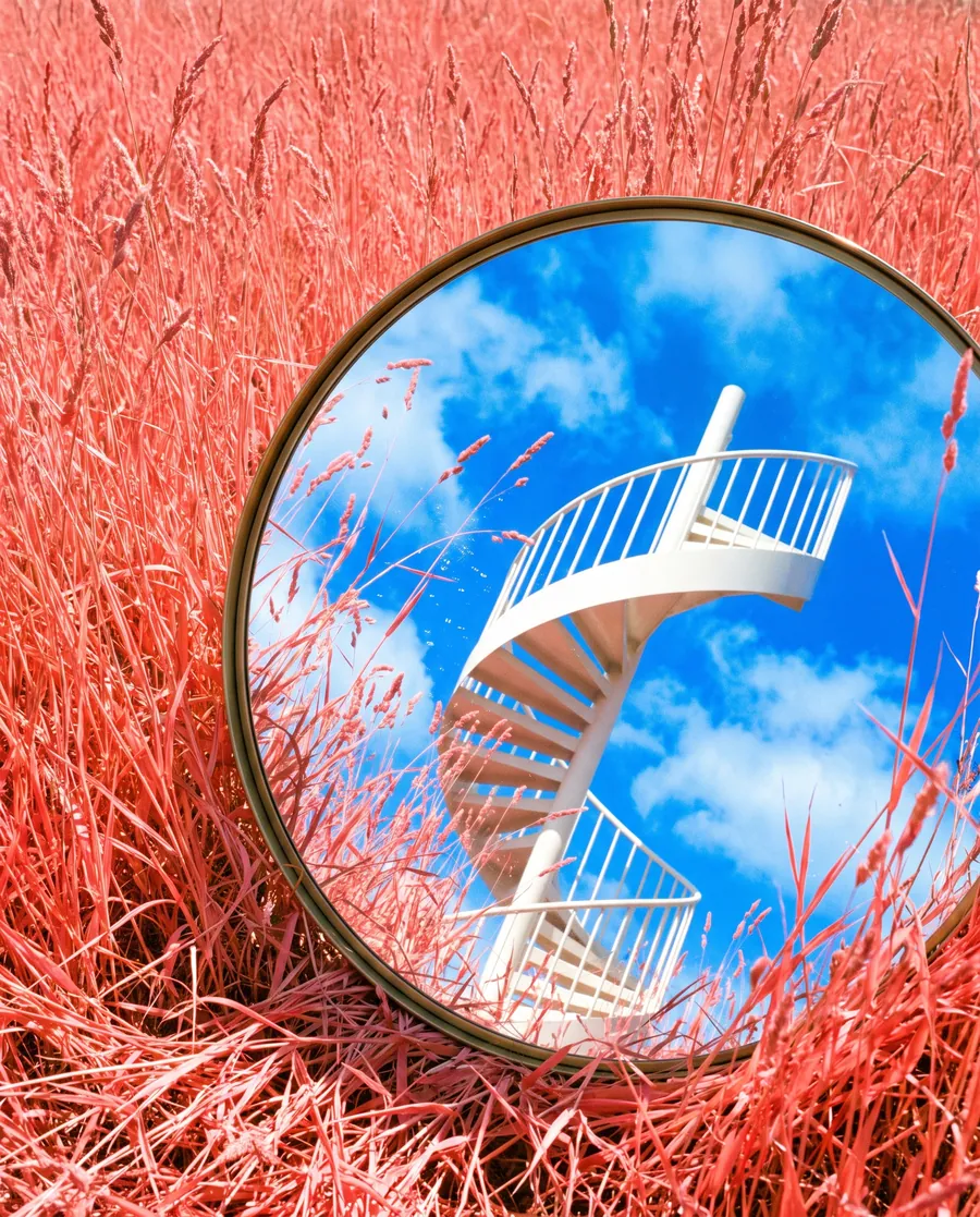 A round mirror in pink grass reflecting a white staircase into a blue sky