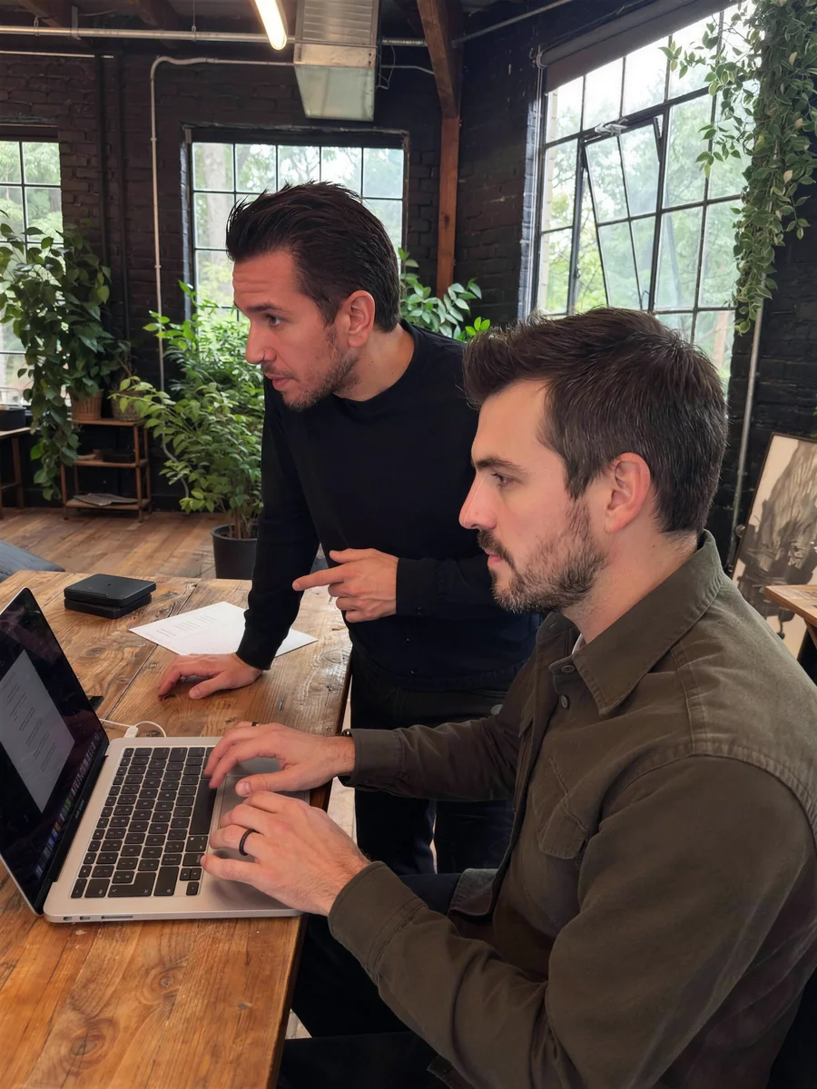 Steve and Nolan at a laptop in the studio, one typing while the other leans in