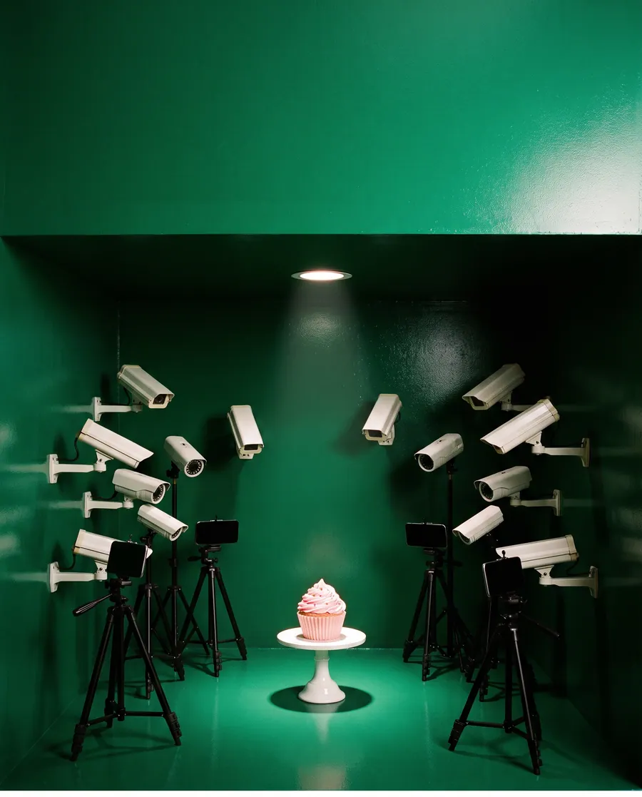 A small pink cake on a stand, surrounded by security cameras on a green stage
