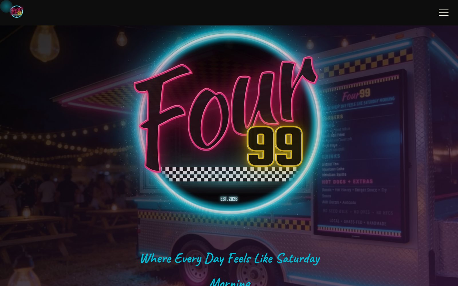 The Four-99 site, live, with the neon badge