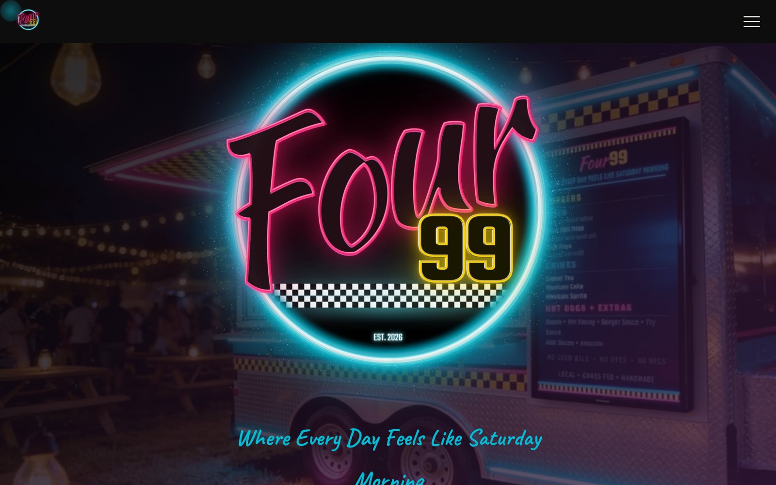 The live Four-99 site: a neon badge, hot pink and teal