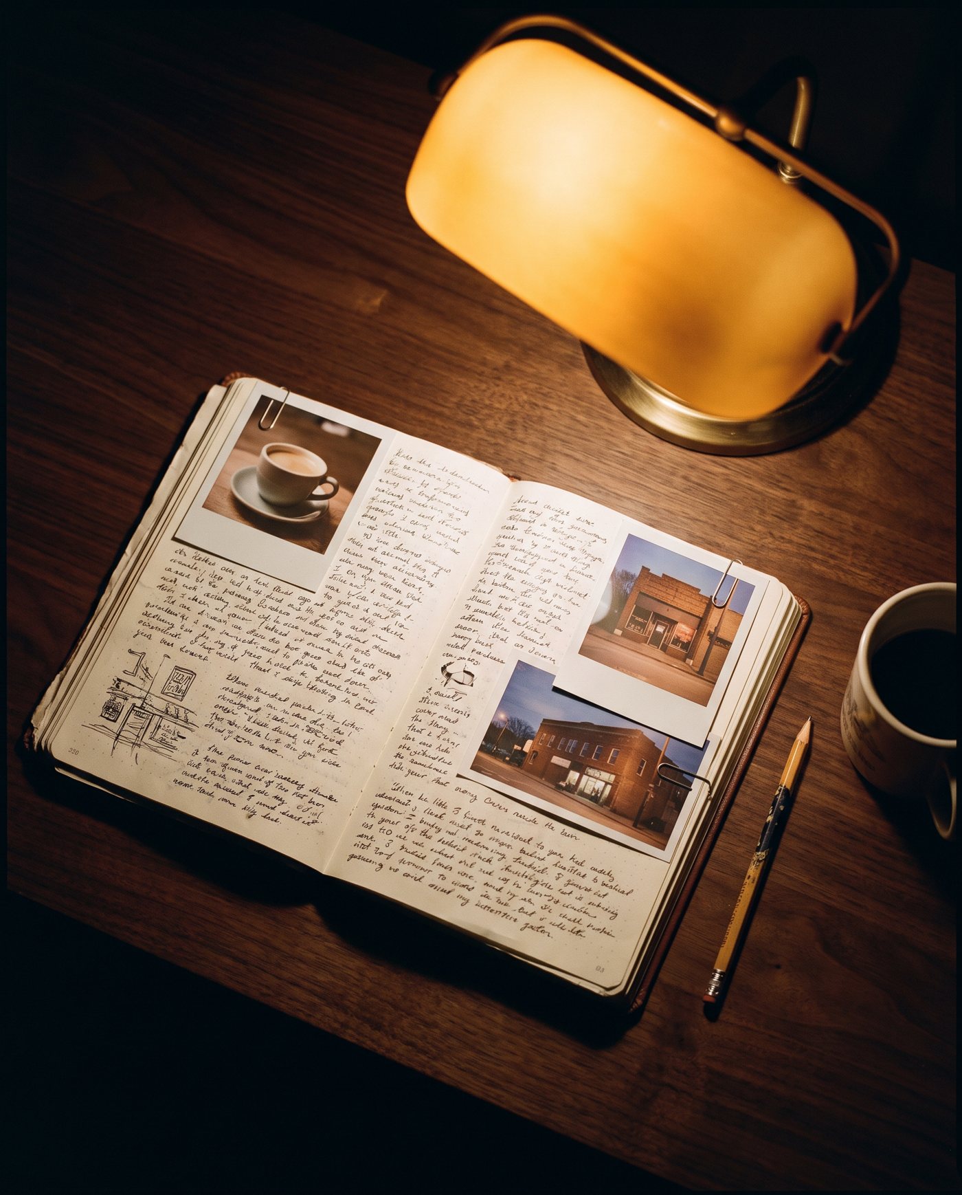 An open notebook of handwritten notes and small business photos on a walnut table under a lamp