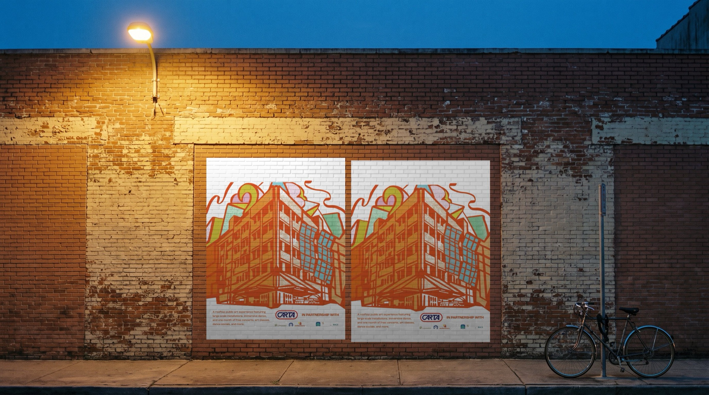 The Search Party poster pasted twice on a brick street wall at dusk