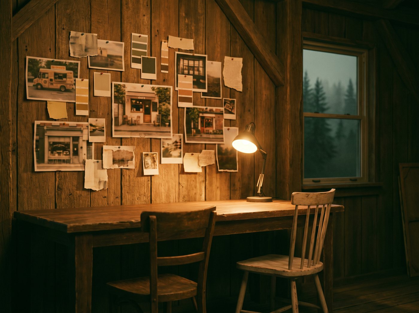 Inside our studio at night: a long work table and a wall of pinned photos of small businesses